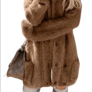 BROWN WARM FUZZY DOUBLE-BREASTED POCKETED CARDIGAN